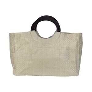 Lulu Dharma Ivory Basket Woven Raffia Tote Wood Handle Beach Summer Bag